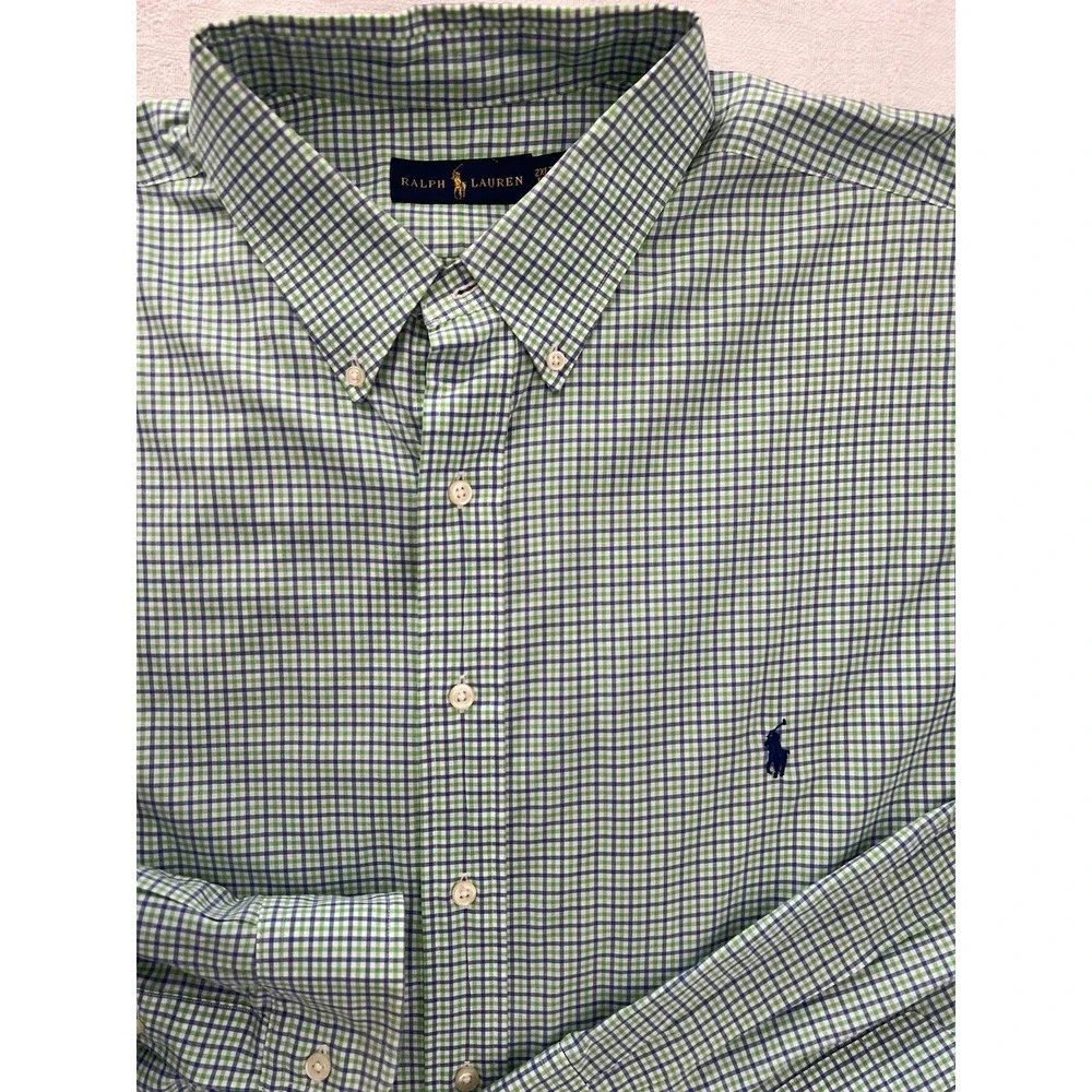 Ralph Lauren Button Down Shirt 2XLT Tall Green Blue Gingham Pony Logo Cotton